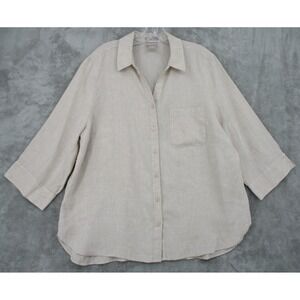 Chicos Blouse 3 US XL Linen Button Front No Iron Pocket Relaxed Fit Boxy Beige